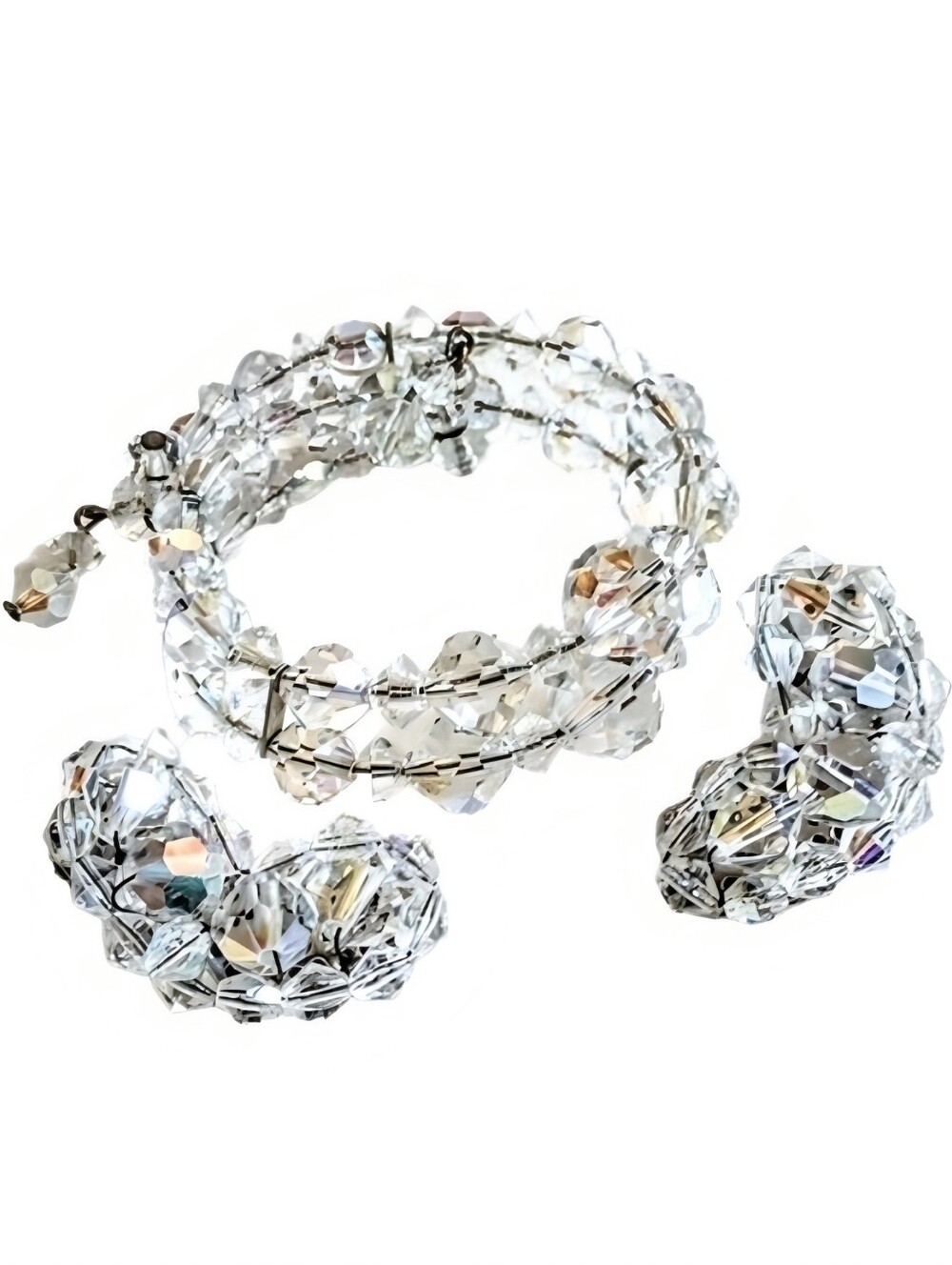🌷 Vintage Faceted AB Glass Crystal Bead Wrap Bracelet Cluster Earrings Set